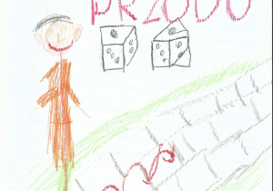 Rysunek chłopca skaczącego po chodniku. U góry kartki narysowane dwie kostki i napis "hop do przodu".